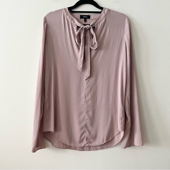 Theory Kimry Sheen Blush Pink Silk Tie-Neck Blouse - Picture 1 of 6